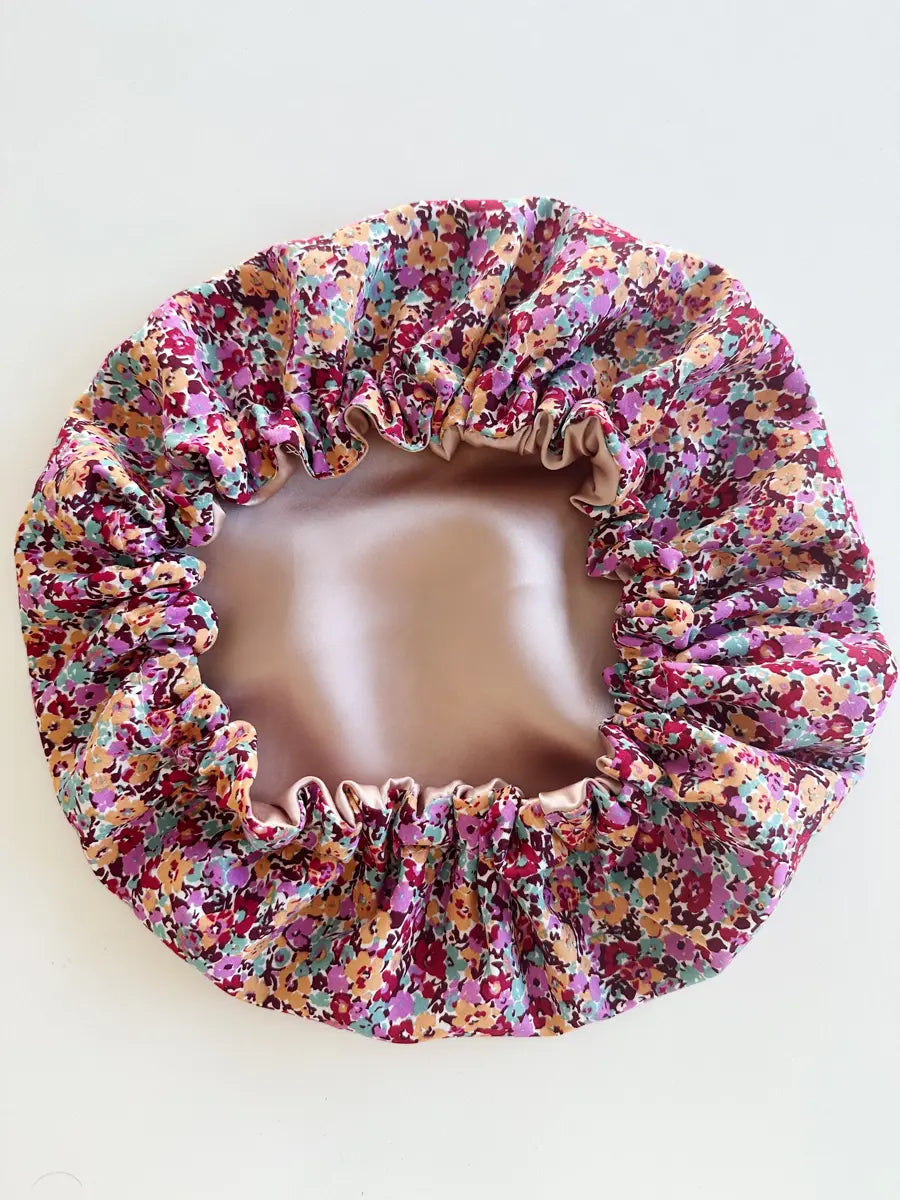 Bonnet de soin en soie - Purple flowers