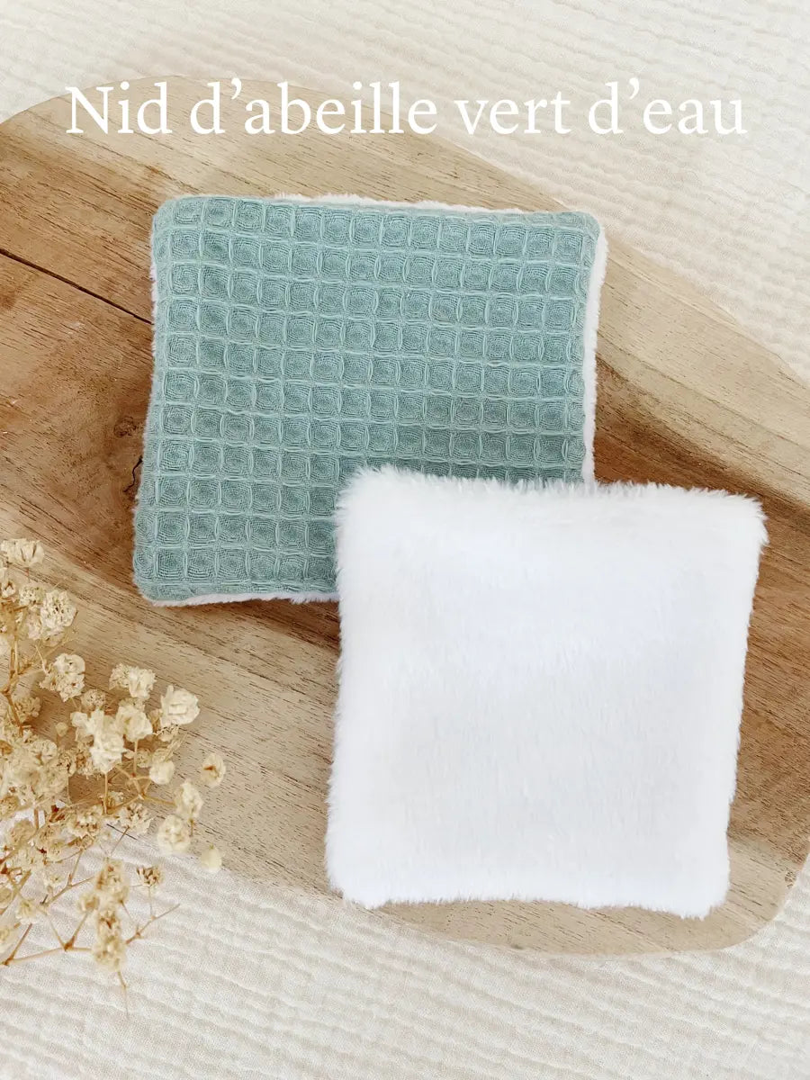 Coton lavable en tissu doudou - Nid d’abeille vert d’eau