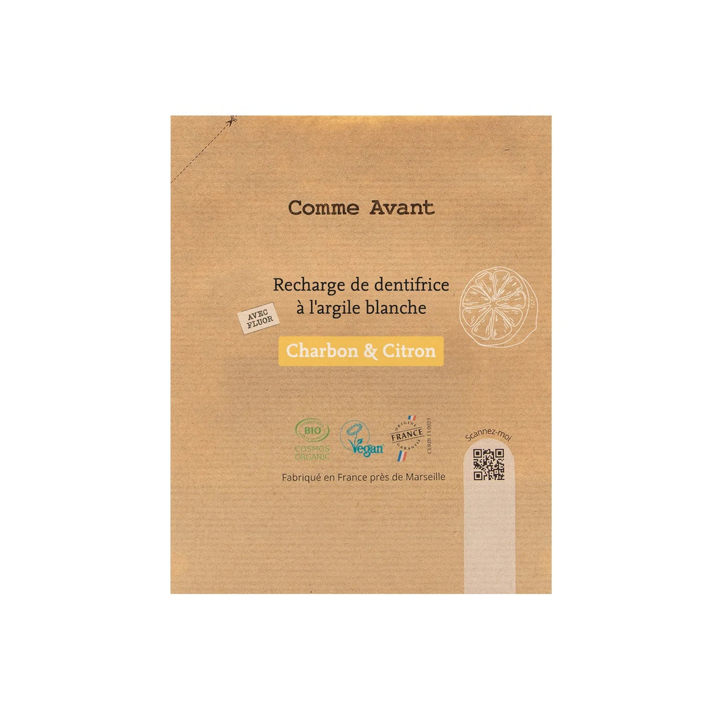 Dentifrice en pâte rechargeable au charbon végétal et citron - Comme Avant - Recharge au charbon et citron