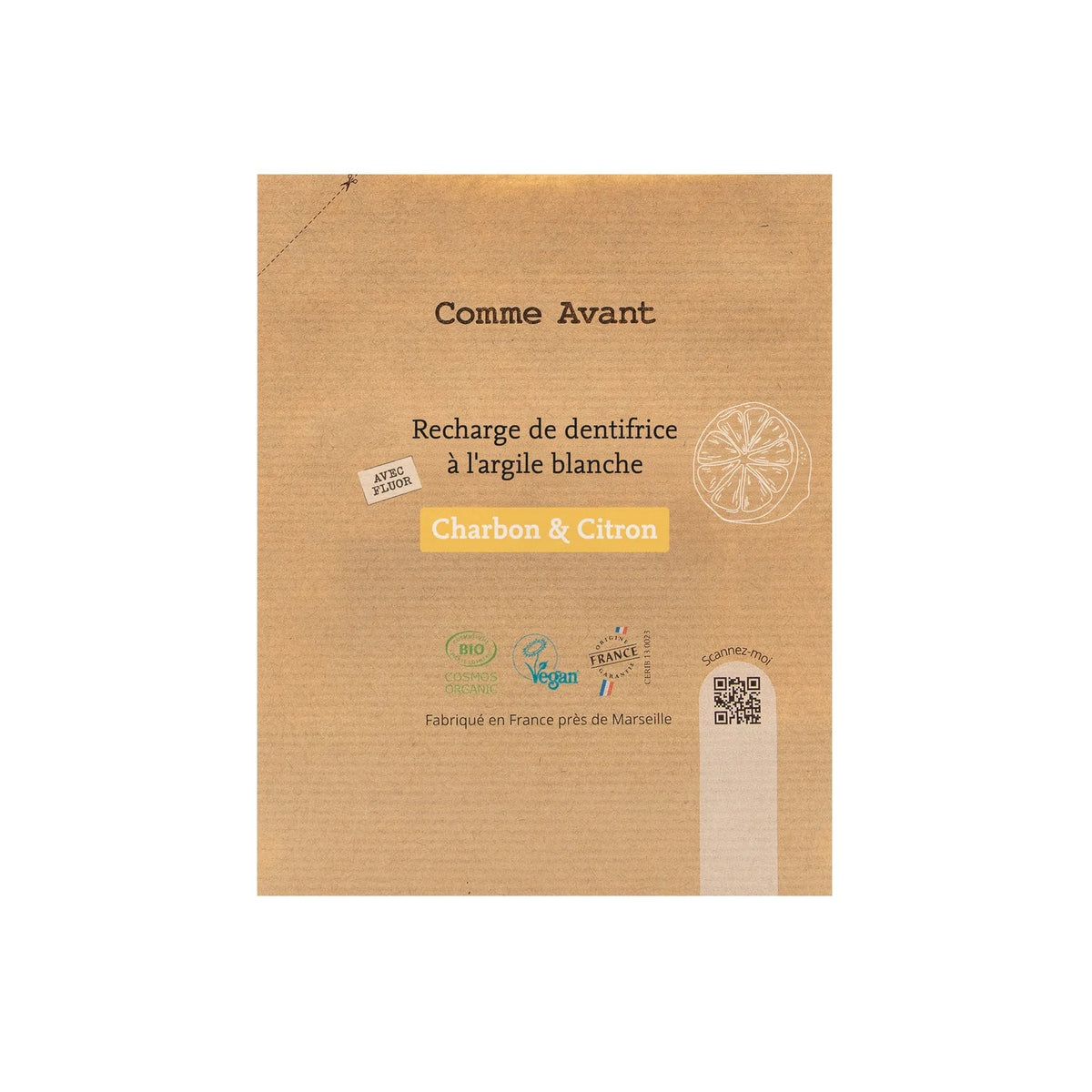 Dentifrice en pâte rechargeable au charbon végétal et citron - Comme Avant - Recharge au charbon et citron