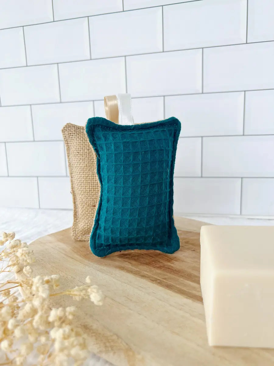 Eponge lavable TOILE DE JUTE - Nid d’abeille bleu paon