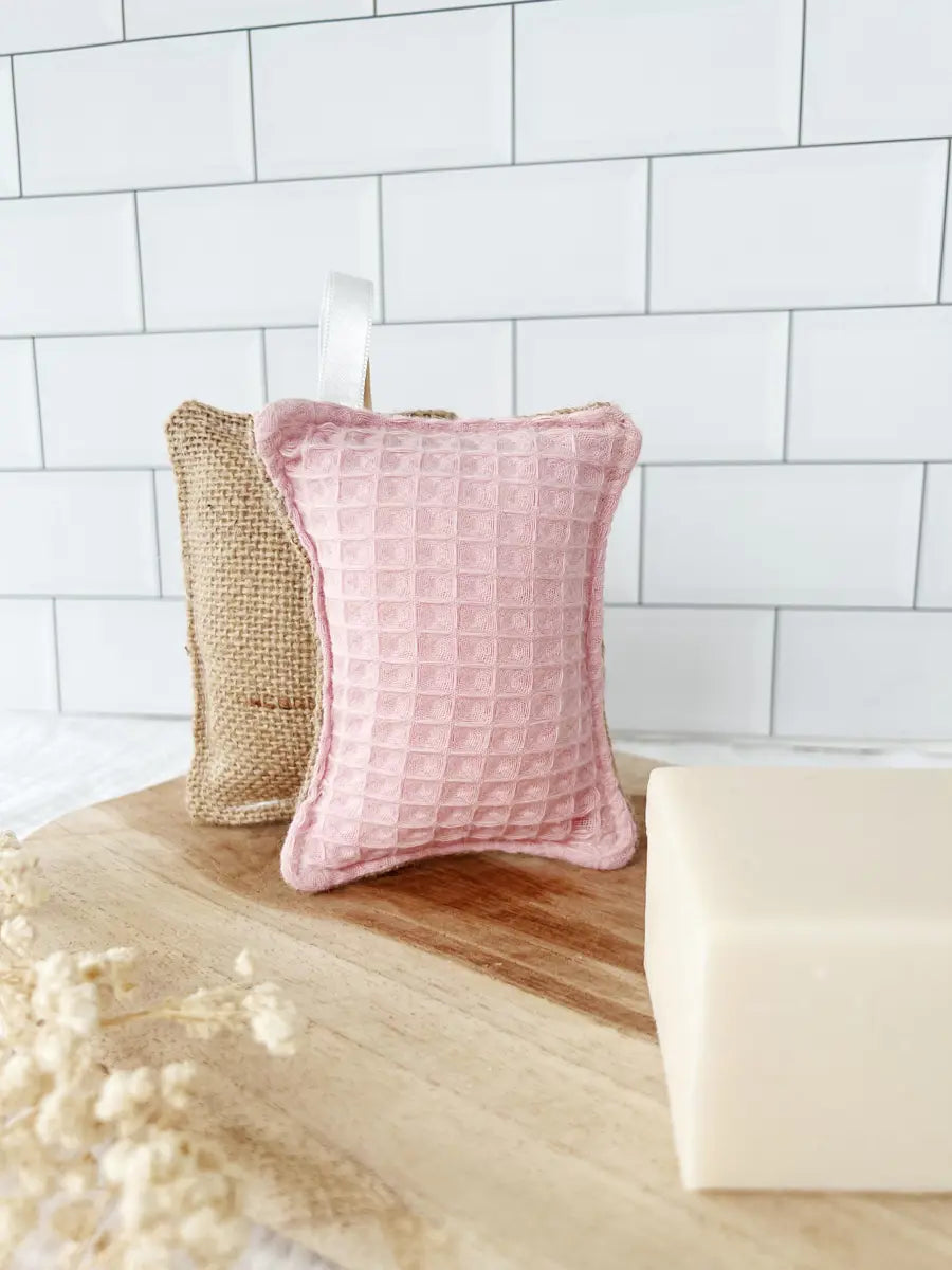 Eponge lavable TOILE DE JUTE - Nid d'abeille doux rose