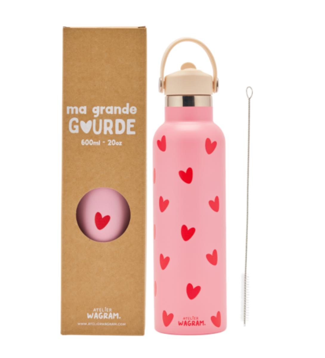 Gourde acier inoxydable 600ml - Atelier Wagram - Rose cœurs rouge