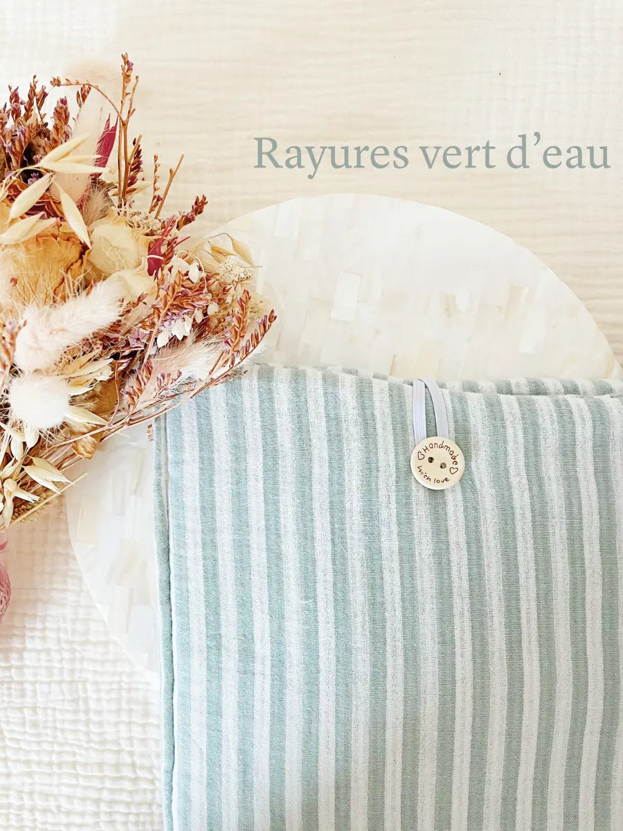Grande pochette à livre ou tablette - Rayures vert d'eau